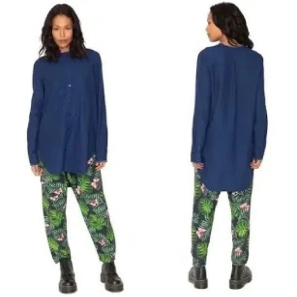 Sandrine Rose Button Front Long Sleeve Mandarin Collar Oversized Shirt - Medium